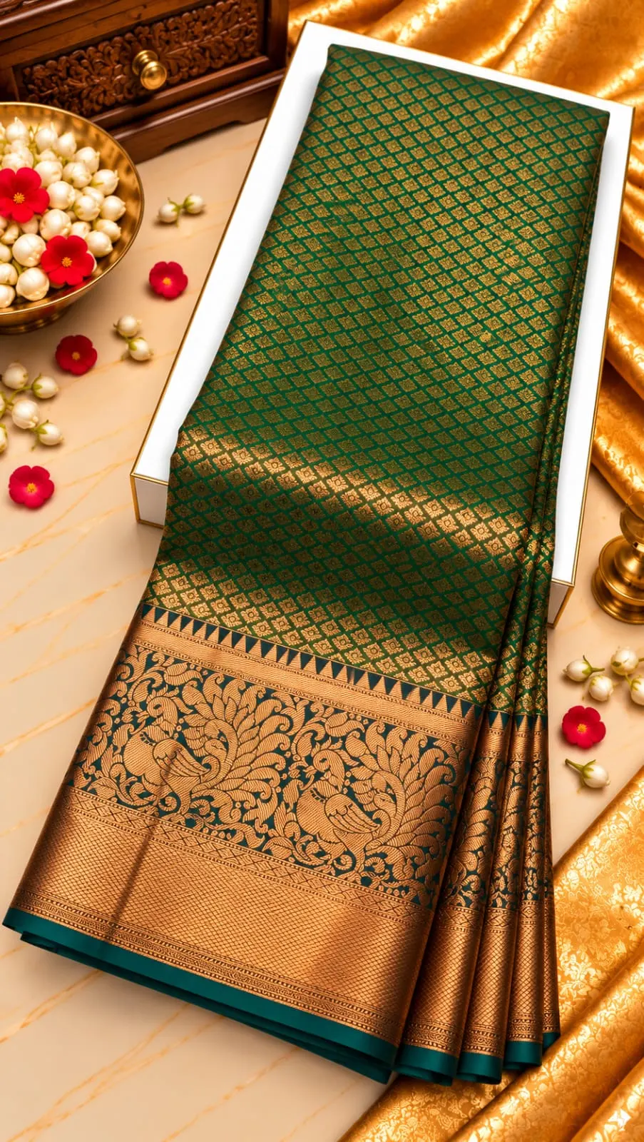 Bottle Green Copper Zari with Peacock Pallu Semi Kanchipuram Silk Saree